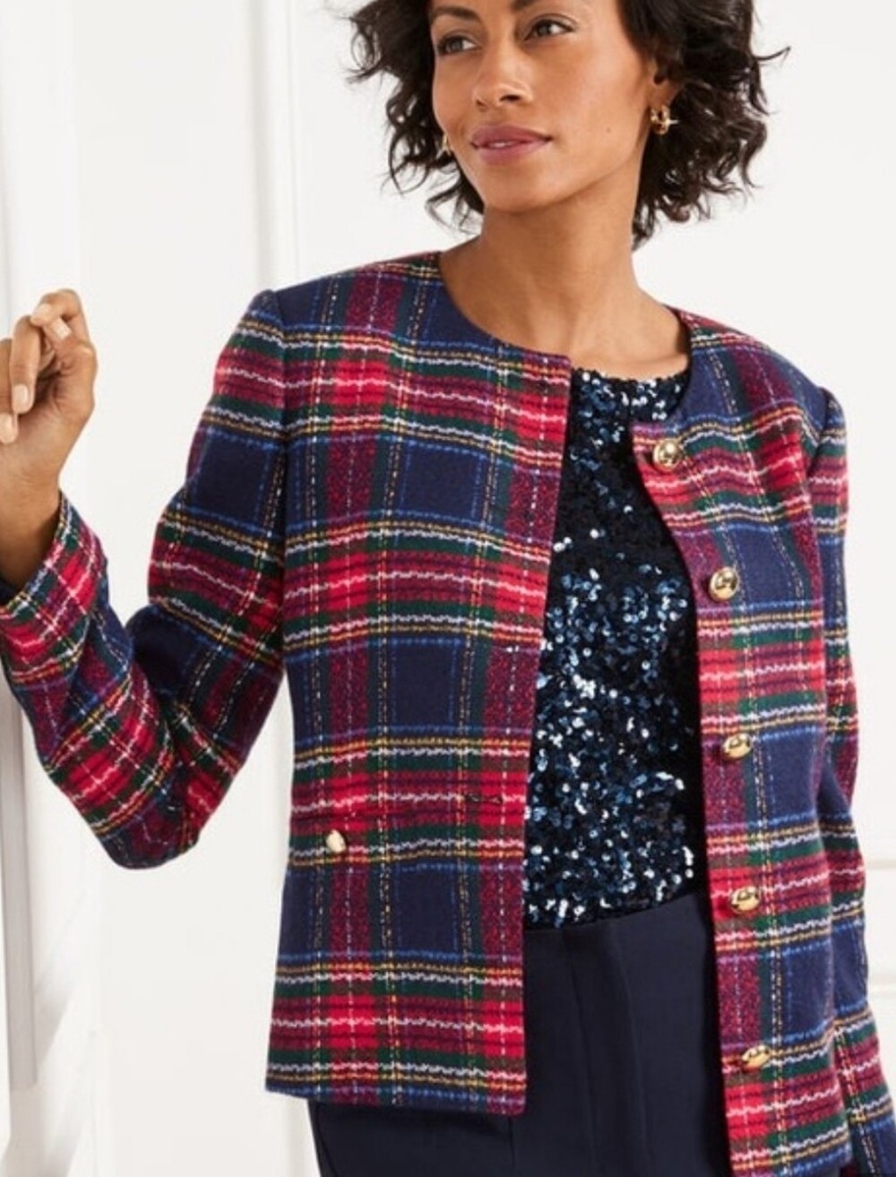 Talbots Women's Tweed Blazer Jacket Size 16w Check Pattern Gold Buttons